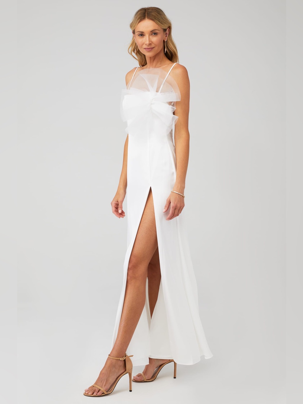 Katie May White Satin Slip Gown With Floral Shoulder Detail